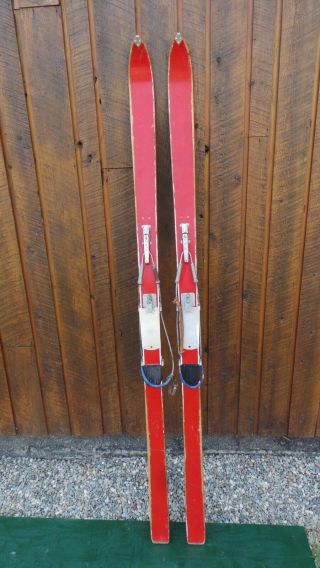 Vintage Wooden 73 " Skis Old Red Finish With Metal Bindings