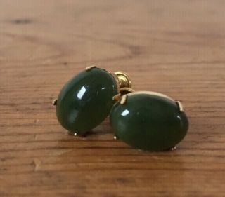 Vintage 1950s 12k Gf Gold Filled Green Jade Stone Screw Back Clip On Earrings