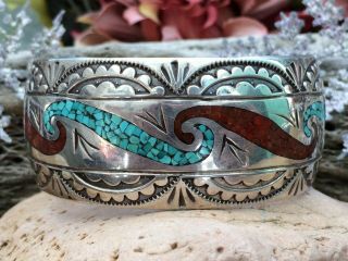 Vintage Navajo Sterling Silver Crushed Turquoise Coral Cuff Bracelet Old Pawn