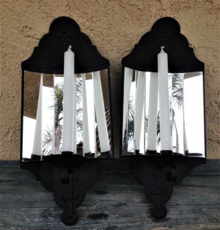 2 Vintage Wrought Iron Metal Wall Sconces / Candle Holders,  Reflective Mirrors