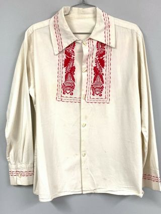 Vintage Mens Shirt M/l Embroidered Red & Natural Flour Sack Celluloid Buttons