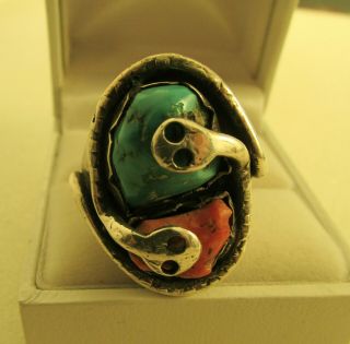 Vtg Sw Effie C Turquoise And Coral 2 Headed Snake Ring Size 10.  5 Sterling
