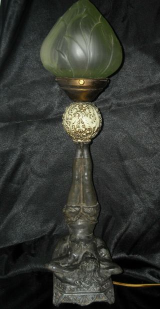 Vintage Art - Deco Nouveau Lady Lamp Glass Flame Globe - Art Deco Spelter Metal