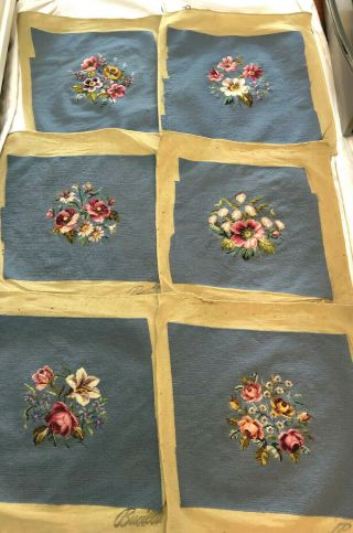 Vintage/antique Set Of Six Needlepoint Chair Covers Blue Floral Patterns