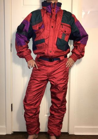 Vtg 80s 90s Red Nevica Mens Medium One Piece Ski Suit Snow Bib Snowsuit 40 Recco