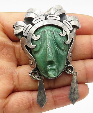 Mexico 925 Silver - Vintage Carved Jade Traditional Face Brooch Pin - Bp2779
