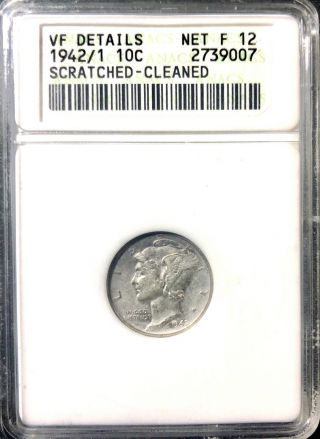 1942/1 - P Mercury Dime 10c - Anacs Vf F12 Details - Rare Overdate Priced To Sell