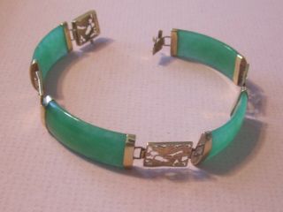 14k Gold Vintage Chinese Dragon Apple Green Jade Bracelet Jewelry