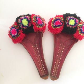 Antique Rare Pom Pom Shoes Slippers Pakistani - Leather & Wool Pakistani Cappa