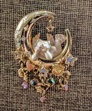 Gorgeous Rare Vintage Kirks Folly Angel Bear In Crescent Moon Brooch Pin