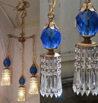Vintage Hanging Swag Lamp Chandelier Tole Brass Blue Lucite Lily Crystal Prism