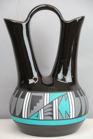 Vintage Hopi Wedding Vase Black Blue Grey Painted Signed Kopa Handpainted Piece