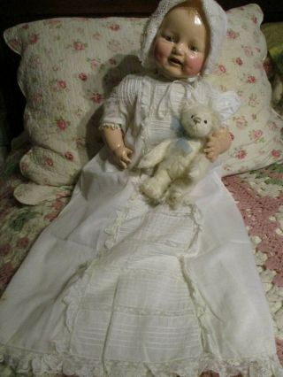 Composition Doll Dimples Eih Horsman Baby Doll 23 W,  Antique Gown,  Teddy Bear