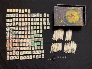 Vintage Antique Mahjong Mah Jongg Bone And Bamboo Set Metal Tin Case 148tiles