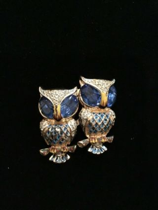 Vtg Jewelry Coro Duette Owls Brooch Fur Clip Enamel Rhinestones