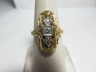 Vintage 1930s Filigree 10k Solid Gold Ring With Natural Diamonds