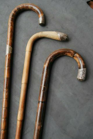 3 Antique Wooden Walking Canes Sticks All With Sterling Silver Mounts Circa 1900