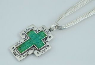 Vintage Carolyn Pollack Sterling Silver Crushed Turquoise Cross Liquid Necklace