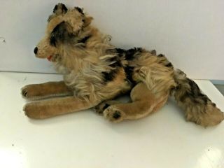 Small Vintage Mohair German Shepherd Dog Stuffed Animal Toy Lying Down 13 "