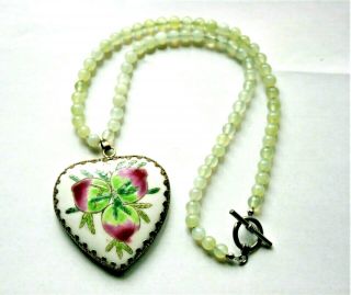 Vintage Chinese Hand Painted Heart Shape Pendant Green Ice Jadeite Bead Necklace