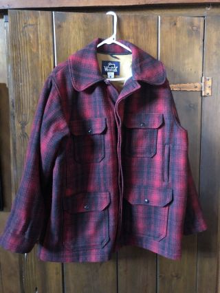 Woolrich Vintage Retro Red Black Plaid Wool Mackinaw Hunting Jacket Coats Sz 46