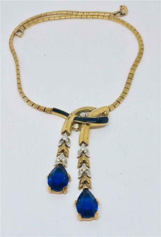 Vintage Signed Trifari Drippy Necklace Gold Tone Metal With Enamel Blue Stones