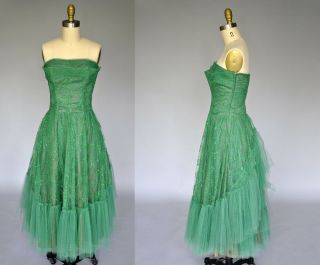Vintage Vtg 50s 1950s Green Tulle Sleeveless Party Prom Dress Ruffled Back M