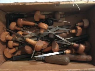 Various Vintage Engraving Tools With Wooden Handles