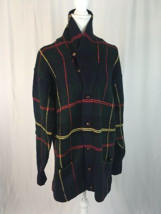 Vintage Polo Ralph Lauren 100 Wool Plaid Sweater Cardigan Tartan Shawl Collar L