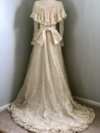 Vintage 1970s Wedding Gown Boho Prairie Victorian Edwardian Lace Satin Train S 2