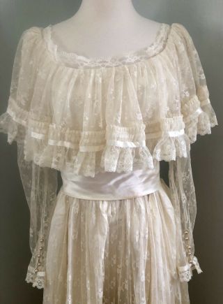 Vintage 1970s Wedding Gown Boho Prairie Victorian Edwardian Lace Satin Train S 5