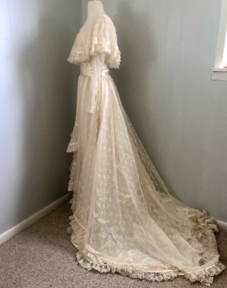 Vintage 1970s Wedding Gown Boho Prairie Victorian Edwardian Lace Satin Train S 7