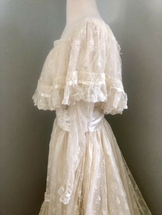 Vintage 1970s Wedding Gown Boho Prairie Victorian Edwardian Lace Satin Train S 8