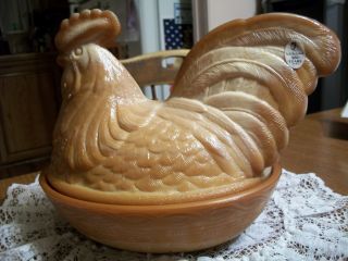 Vintage Fenton 100yr 2005 Chocolate Slag Colored Rooster On A Nest - Perfect