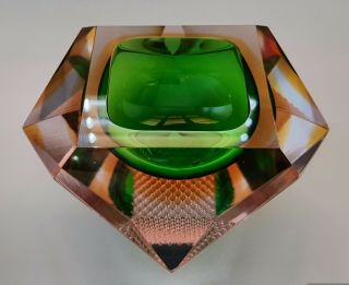 Vintage Murano Glass Ashtray Multi - Faceted Green And Amber Large And Heavy