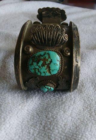 Signed Heavy Vintage Navajo Cuff Bracelet Turquoise & Sterling.  Signed (j.  W.  C. )