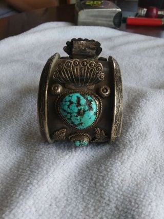 Signed Heavy Vintage Navajo Cuff Bracelet Turquoise & Sterling.  Signed (J.  W.  C. ) 2