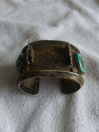 Signed Heavy Vintage Navajo Cuff Bracelet Turquoise & Sterling.  Signed (J.  W.  C. ) 4
