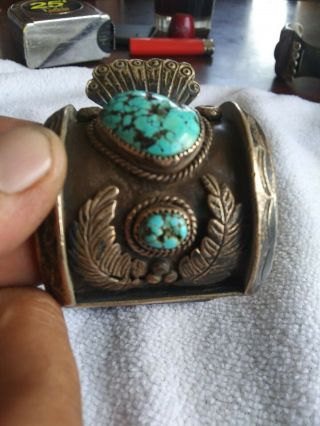 Signed Heavy Vintage Navajo Cuff Bracelet Turquoise & Sterling.  Signed (J.  W.  C. ) 5