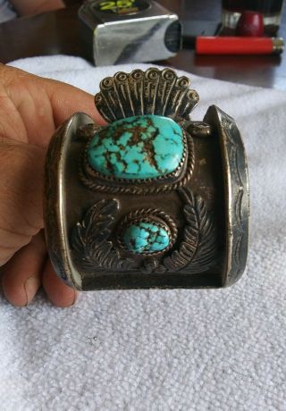 Signed Heavy Vintage Navajo Cuff Bracelet Turquoise & Sterling.  Signed (J.  W.  C. ) 6