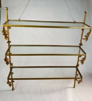 Vintage Ornate Gold Hollywood Regency Three Tier Shelf Display Tole Glass Brass
