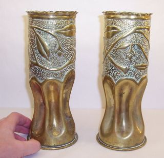 2 Large Vintage Ww1 Brass German Shell Cases Trench Art Vases - 1914 & 1917