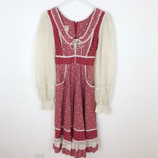 Vtg 70s Gunne Sax Red Mixed Floral Calico Corset Lace Boho Prairie Dress Xs / S