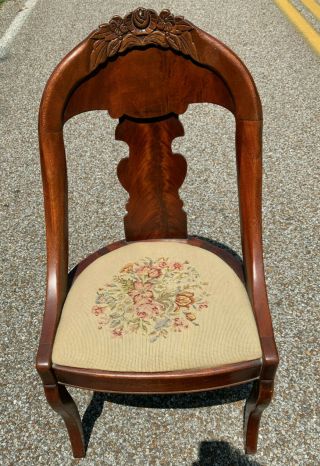 Vintage Victorian Carved & Burl Walnut Parlor Chair With Needlepoint