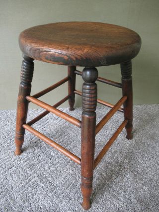 Antique Stool Vintage Primitive,  Oak Wood 16 " Tall 11 - 1/2 " Seat,  4 - Leg Stand