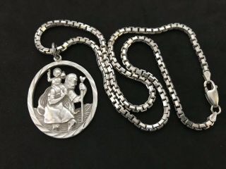 Large Vintage Sterling Silver St Christopher With Sterling Silver Chain.
