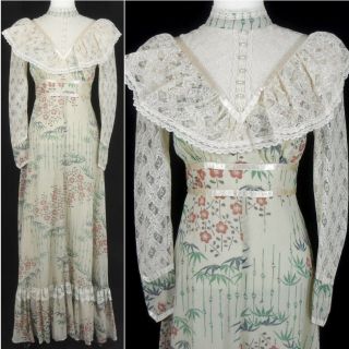 Vtg 1970s Gunne Sax Deco Floral Corset Lace Victorian Prairie Boho Maxi Dress M