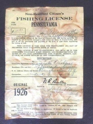 1926 Pennsylvania Non Resident Fishing License Paper