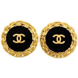 Authentic Vintage Chanel Earrings Cc Logo Black Round Large Ea1140