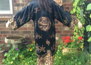 Vintage Japanese Chinese Silk Embroidered Kimono Robe Black 2